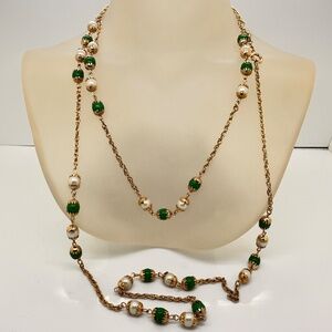 Vintage 60s Celebrity NY Long Green Bead & Faux Pearl Gold Tone Station Necklace